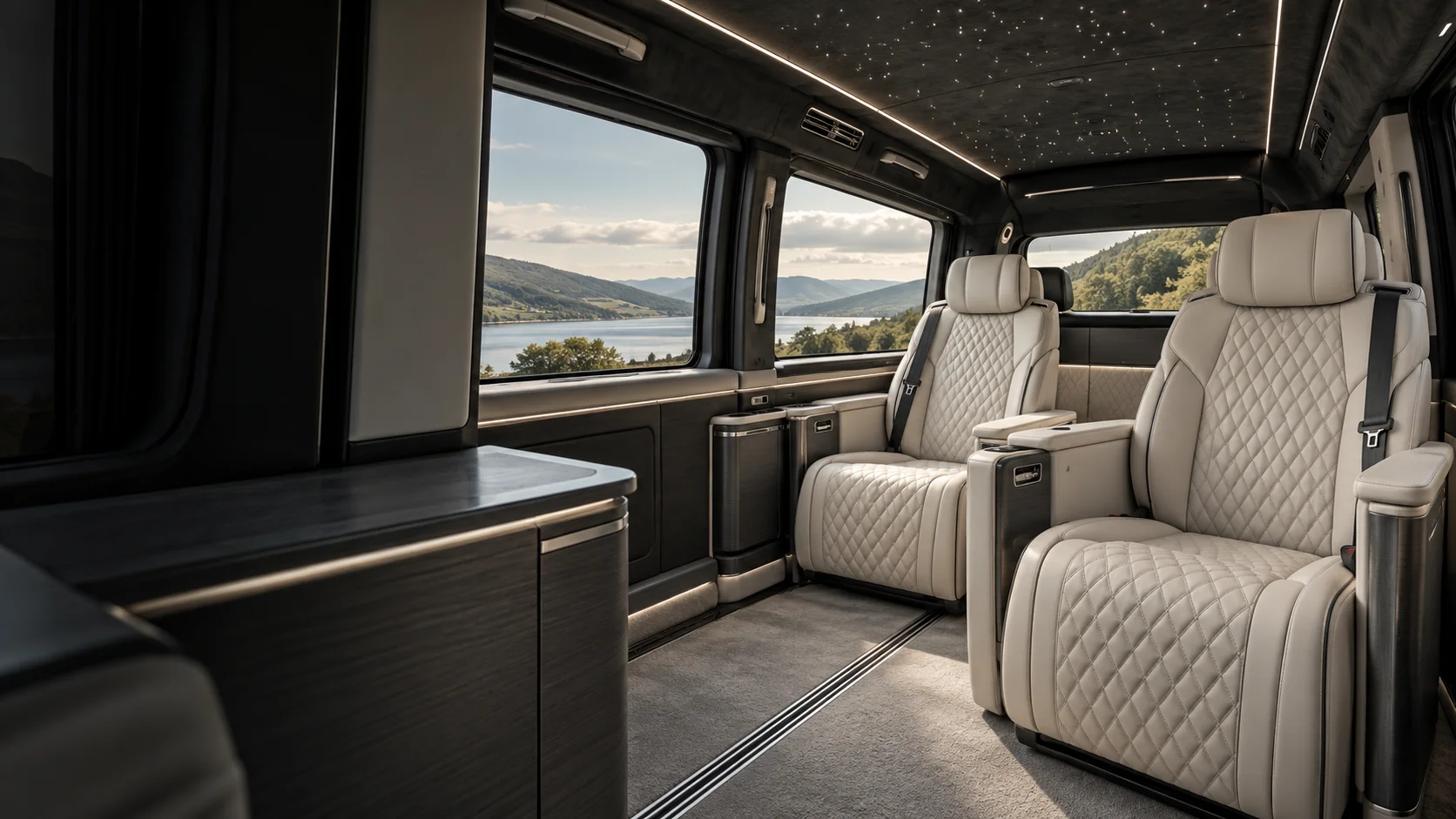 Illustrative luxury van cabin concept with individual cream seats and a starlight ceiling